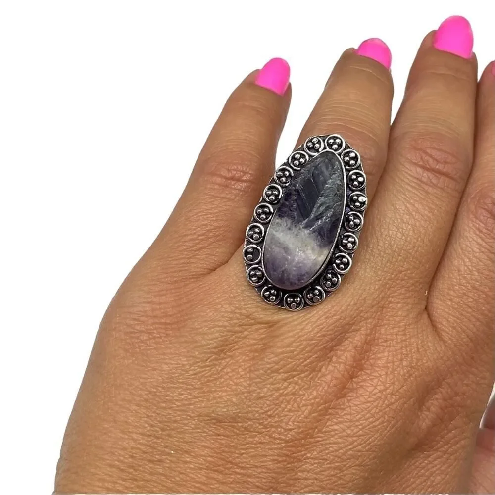 Chevron Amethyst Ring Size 7.5 925 Sterling Silver Overlay Boho Stone Purple